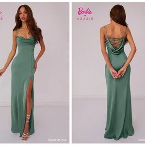 AZAZIE Pleated Lace Up Mermaid Stretch Satin Dress Eucalyptus